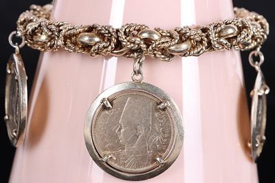 GOLD-ON-STERLING SILVER BRACELET W/ EGYPT PIASTRES. Antique gold-on-sterling silver ladies 
