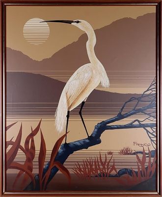 EGRET PERCH FRANCO 1970'S OIL ON CANVAS FRAMED. Egret perched on branch Franco 1970's oil on 