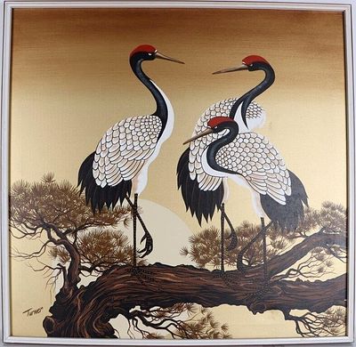 TURNER JAPANESE CRANES ON BRANCH OIL ON CANVAS. Turner Japanese Red-Crowned Cranes on a pine 