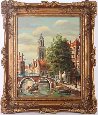 OIL ON BOARD OF A CITY AMIDST A RIVER FRAMED. Oil on board depicting a city amidst a river 