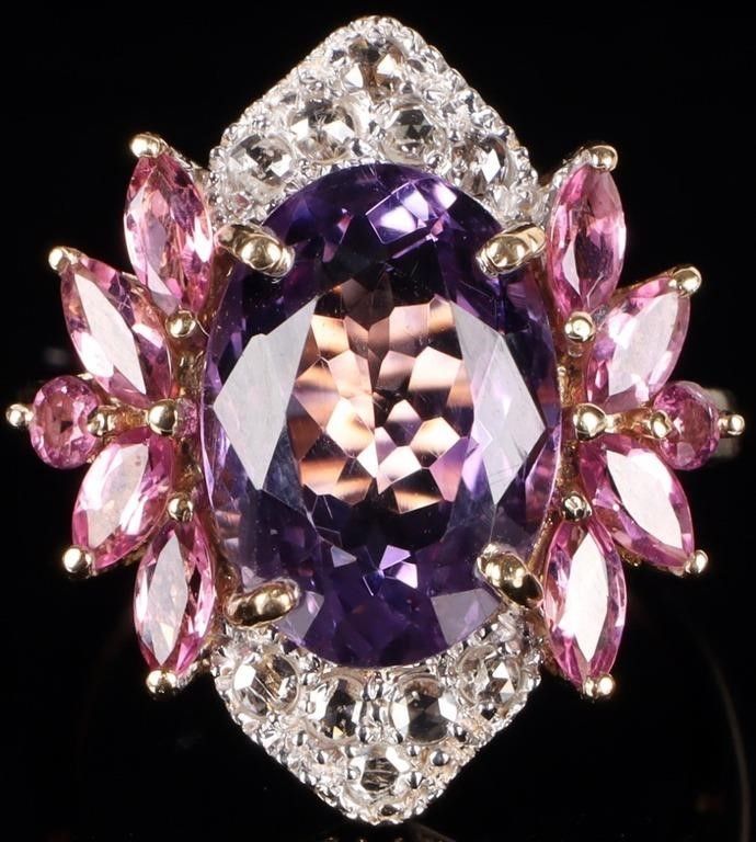 Lot 226225: ~5.75CT AMETHYST 10K YELLOW GOLD RING W DIA & TOUR