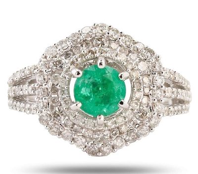 1.09CTW DIAMOND 14K WHITE GOLD RING W/ EMERALD NEW. One polished, stamped, and tested 14K white 