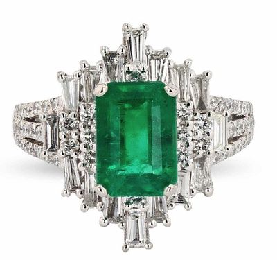 1.97CT EMERALD 1.19CTW DIAMOND PLATINUM RING. One polished, stamped, and tested platinum ring 