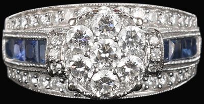 14K WHITE GOLD NATURAL DIAMOND SAPPHIRE RING. 14K white gold natural diamond sapphire cluster 