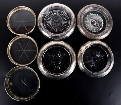 ASSORTED STERLING SILVER & GLASS COASTERS ( 6). Assorted sterling silver &amp; etched glass 