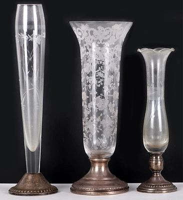 ANTIQUE WEIGHTED STERLING SILVER GLASS BUD VASES. Antique weighted sterling silver etched glass 