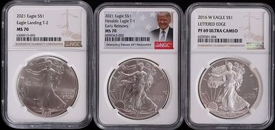 FINE SILVER AMERICAN EAGLES NGC PF/MS-69/70 -(3). Fine silver 1 Troy ounce American Eagles NGC 