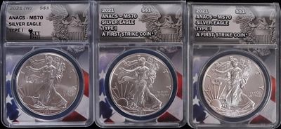 FINE SILVER 1OZT AMERICAN EAGLES ANACS MS-70 - (3). Fine silver 1 Troy ounce American Eagles 