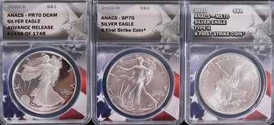 FINE SILVER AMERICAN EAGLES ANACS PF/SP/MS-70 -(3). Fine silver 1 Troy ounce American Eagles NGC 