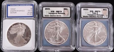 FINE SILVER AMERICAN EAGLES ICG/IGS MS/PF-70 - (3). Fine silver 1 Troy ounce American Eagles 