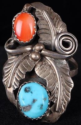 0.925 SILVER SOUTHWEST NAVAJO TURQUOISE CORAL RING. Sterling silver vintage Southwest Navajo 