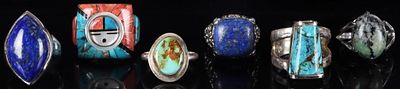 SW STYLE STERLING SILVER LADIES RINGS LAPIS TURQ-6. Lot of six Southwest-style ladies rings, to 