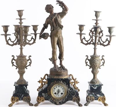 MANTEL CLOCK & 2 CANDELABRAS SET MARBLE BRONZE. Victorian mantelpiece set, to include one clock 
