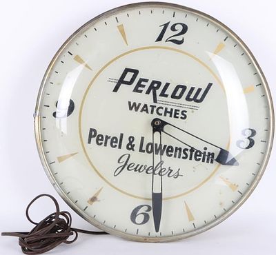 VINTAGE PERLOW WATCHES LIGHT-UP WALL CLOCK. Vintage Perlow Watches wall clock. To include large 