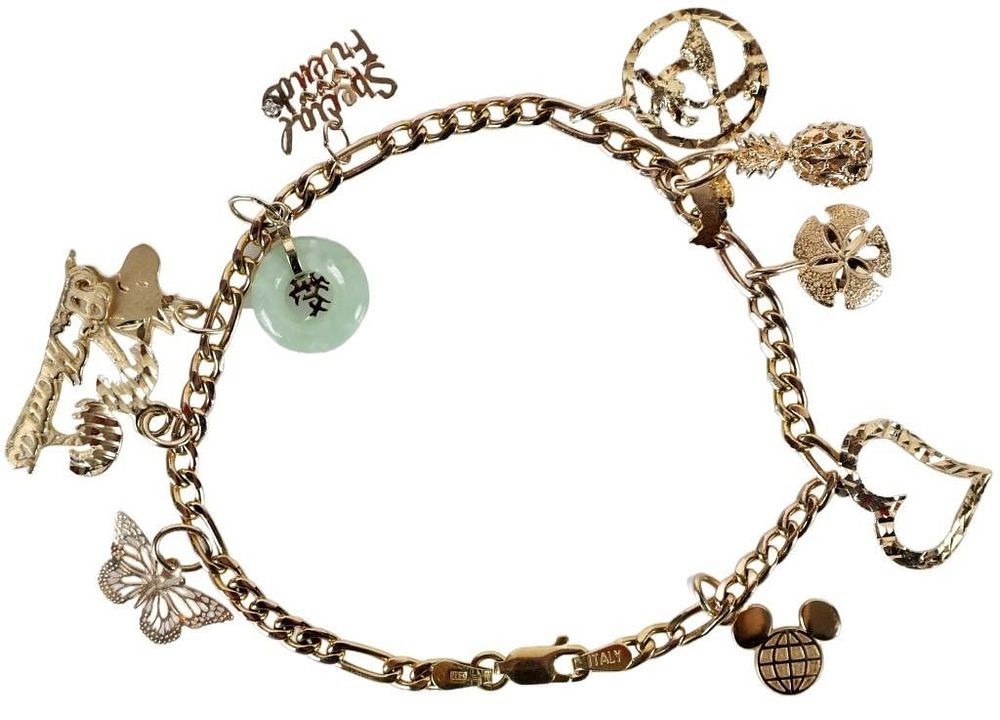 Lot 229158: 14K YELLOW GOLD CHARM BRACELET W/ JADE