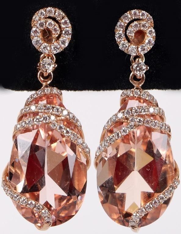 Lot 229211: 18K YELLOW GOLD MORGANITE DIAMOND LADIES EARRINGS