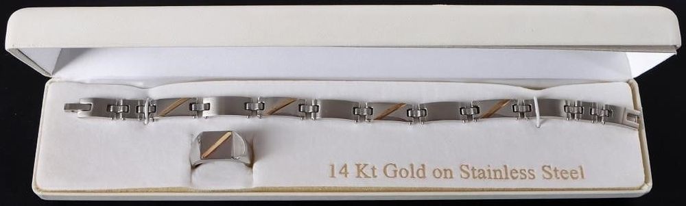 Lot 229237: 14K PLATED MEN STAINLESS STEEL BRACELET & RING SET