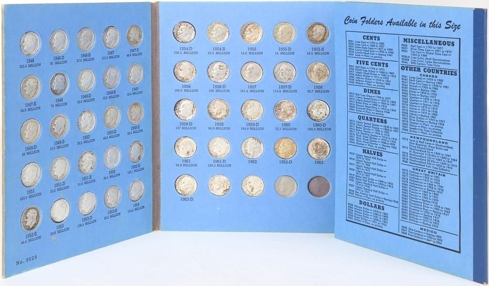 Lot 229290: 90% SILVER ROOSEVELT DIME COLLECTION NEAR COMPLETE