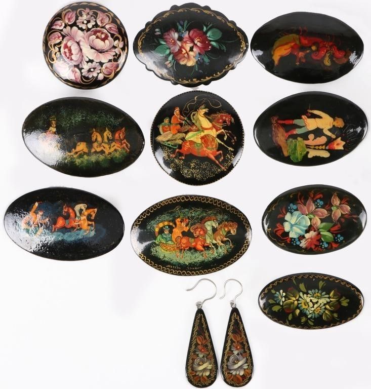 Lot 229298: SLAVIC HAND PAINTED BLACK LACQUER JEWELRY - (11)