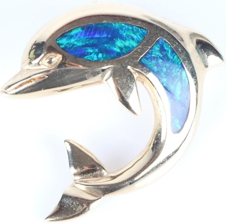 Lot 229306: 14K YELLOW GOLD BLUE OPAL DOLPHIN LADIES PENDANT
