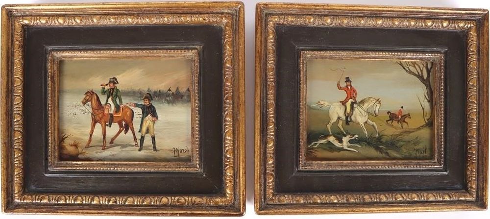 Lot 229328: EMILE MOREL "RIDERS" OIL ON COPPER FRAMED ART (2)