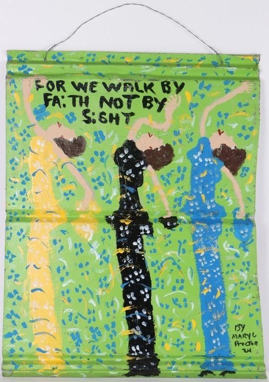 Lot 229331: MARY L. PROCTOR "FOR WE WALK BY FAITH" OIL ON TIN