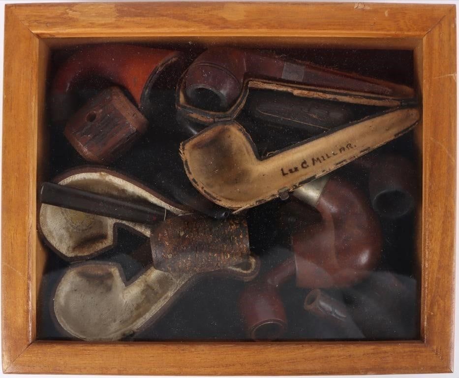 Lot 229353: ANTIQUE TOBACCO PIPES AND CASES IN DISPLAY BOX