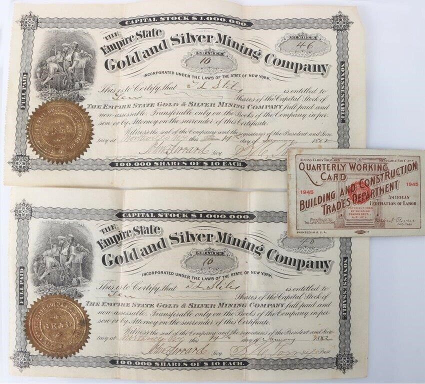 Lot 229368: 1882 EMPIRE STATE GOLD & SILVER MINING CO. STOCKS