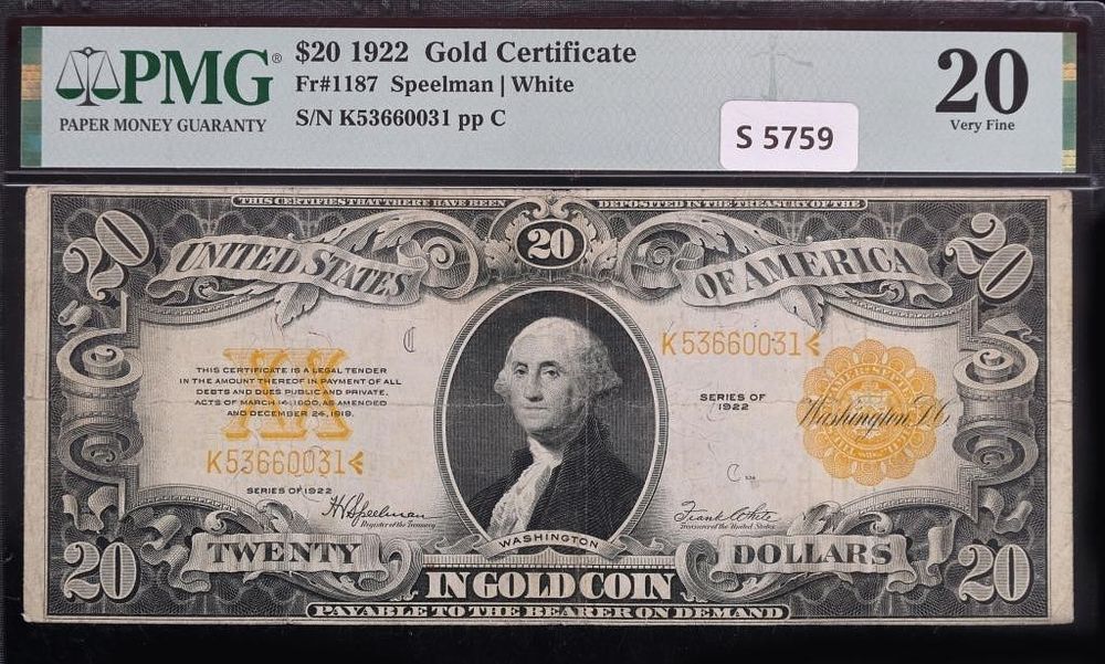 Lot 229369: 1922 $20 GOLD CERTIFICATE FR# 1187 SPEELMAN PMG 20