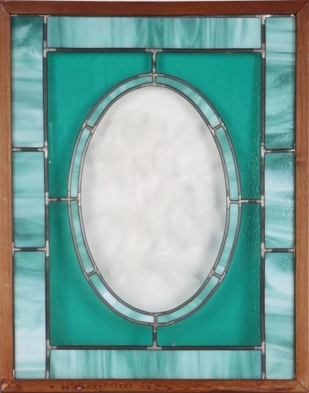 Lot 229403: FRAMED STAINED GLASS WINDOW W/ FROSTED IRIS FLOWER