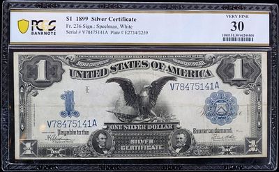 1899 $1 SILVER CERTIFICATE FR# 236 PCGS 30 VF. 1899 $1 Silver Certificate Black Eagle Fr# 236 