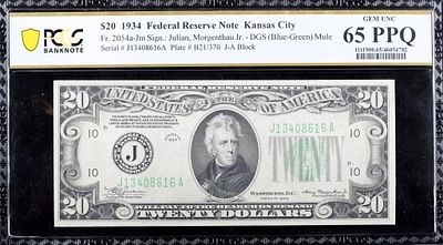 1934 FR. 2054A $20 KANSAS CITY BANKNOTE PCGS 65PPQ. 1934 Fr. 2054a-Jm $20 Federal Reserve 