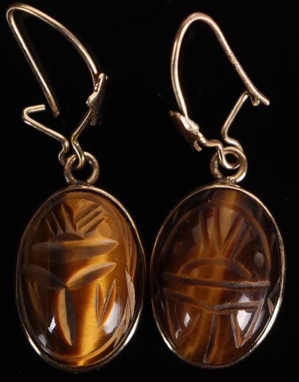 Lot 232302: 14K YELLOW GOLD LADIES EARRINGS W/ TIGERS EYE