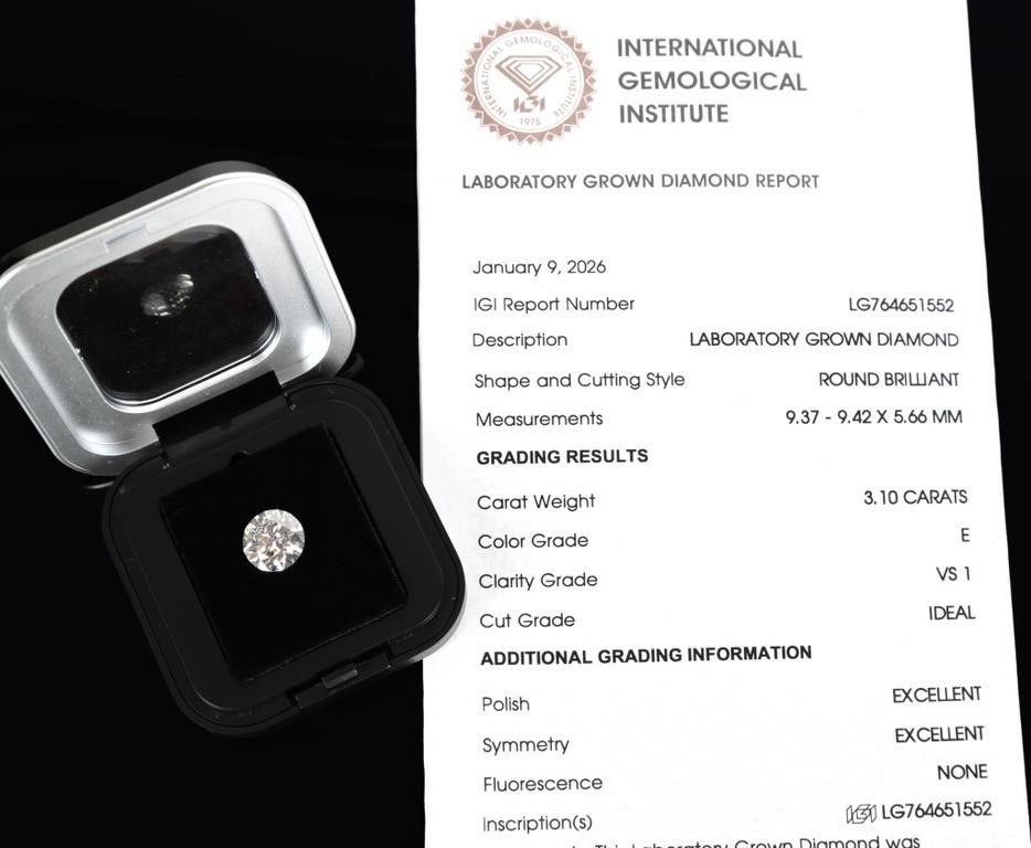 Lot 232308: 3.1CT VS 1 E COLOR ROUND DIAMOND W/ IGI REPORT
