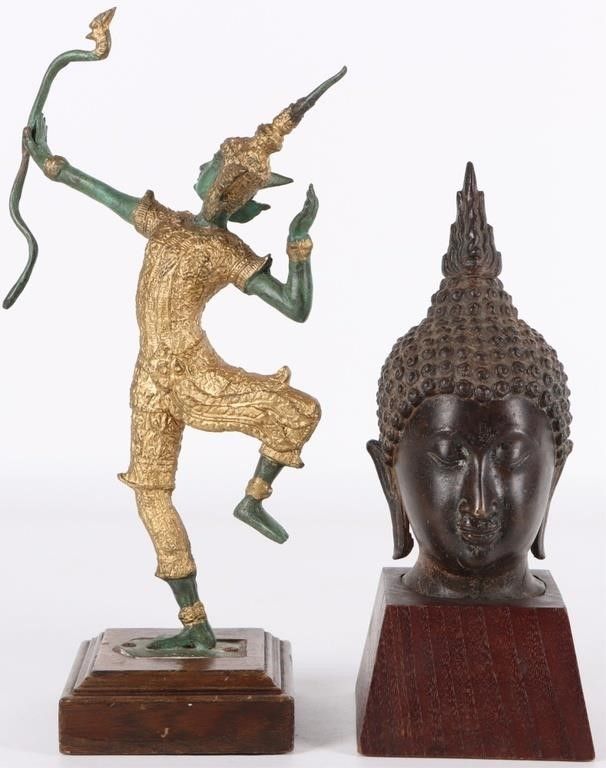 Lot 232374: VINTAGE THAI BRONZE ARCHER & BUDDHA HEAD WOOD BASE