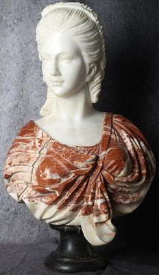VINTAGE MARBLE BUST WOMAN W/ RED COLORED ROBE. Vintage marble bust of a woman. The woman herself 