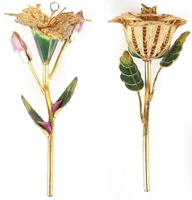 FLORAL GOLD-TONED FILIGREE CLOISONNE ORNAMENTS. Floral gold-toned filigree cloisonne ornaments 