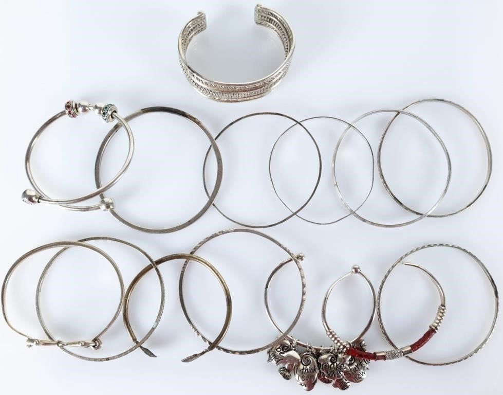 Lot 233014: STERLING SILVER LADIES BANGLE/CUFF BRACELETS (14)