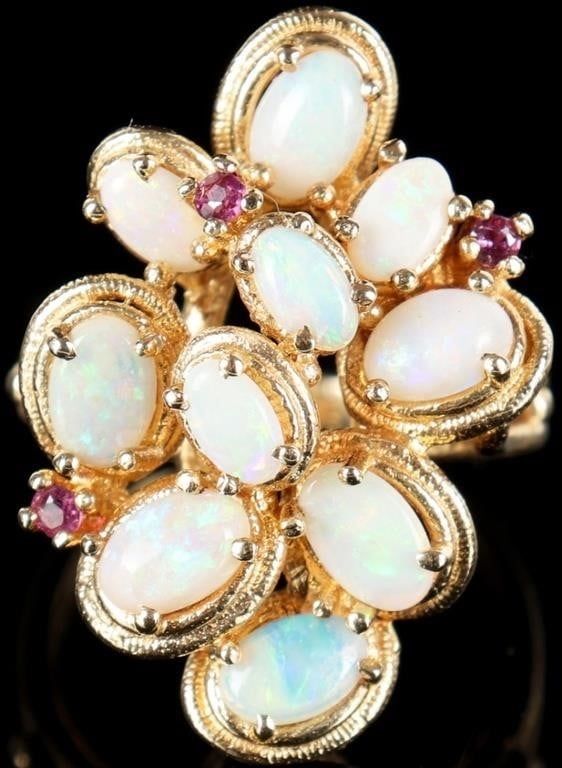 Lot 233068: 14K YELLOW GOLD PINK RUBY OPAL CLUSTER LADIES RING