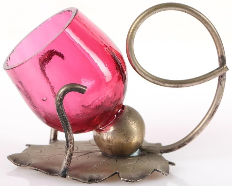 Lot 233116: ANTIQUE SILVER-PLATED CRANBERRY GLASS HOLDER