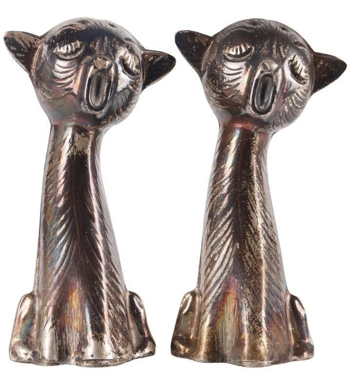 Lot 233124: ANTIQUE STERLING SILVER CAT SALT & PEPPER SHAKERS