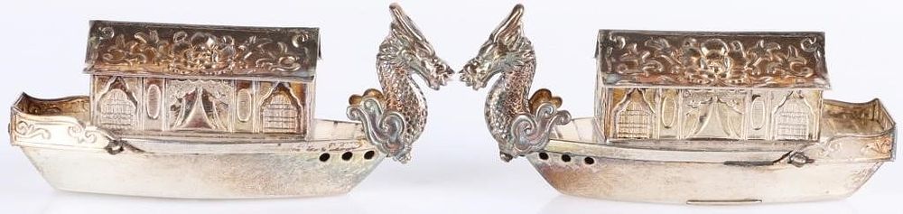 Lot 233129: ANTIQUE STERLING SILVER DRAGON HOUSE BOAT SHAKERS