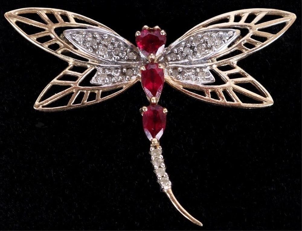Lot 233181: 10K YELLOW GOLD PINK RUBY DIAMOND DRAGONFLY PIN