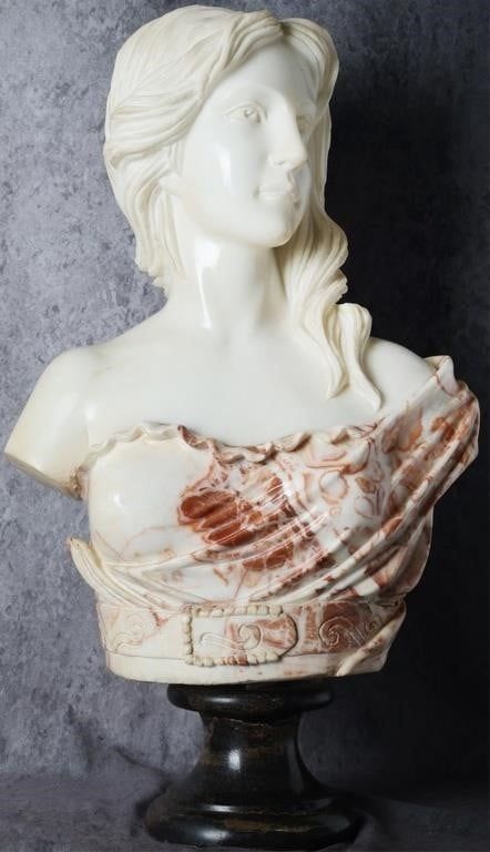 Lot 233213: ANTIQUE MARBLE BUST WOMAN W/ RED COLORED CLOAK