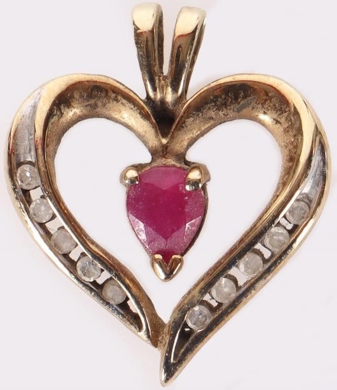 Lot 233271: 10K YELLOW GOLD HEART PENDANT W/ RUBY & DIAMONDS