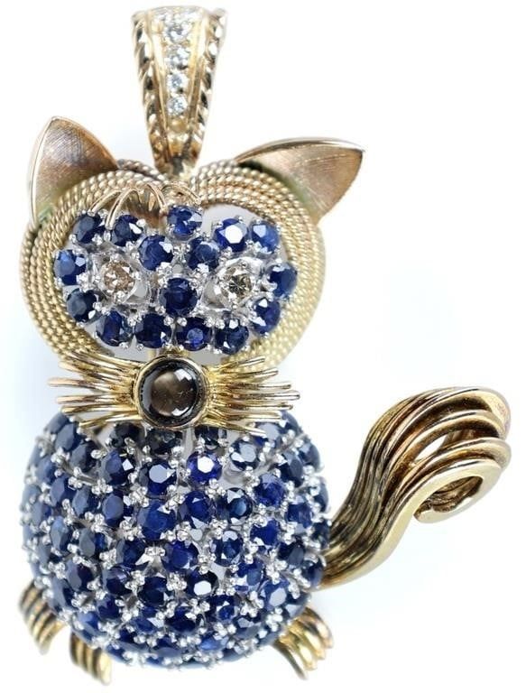 Lot 233308: STUNNING 14K SAPPHIRE & DIAMOND CAT BROOCH