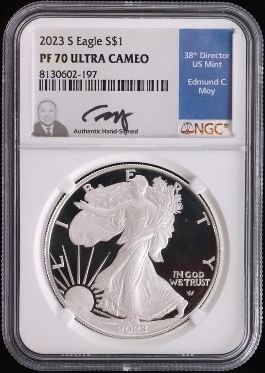 Lot 233318: 2023 S FINE SILVER U.S. EAGLE PF-70 UC NGC SIGNED