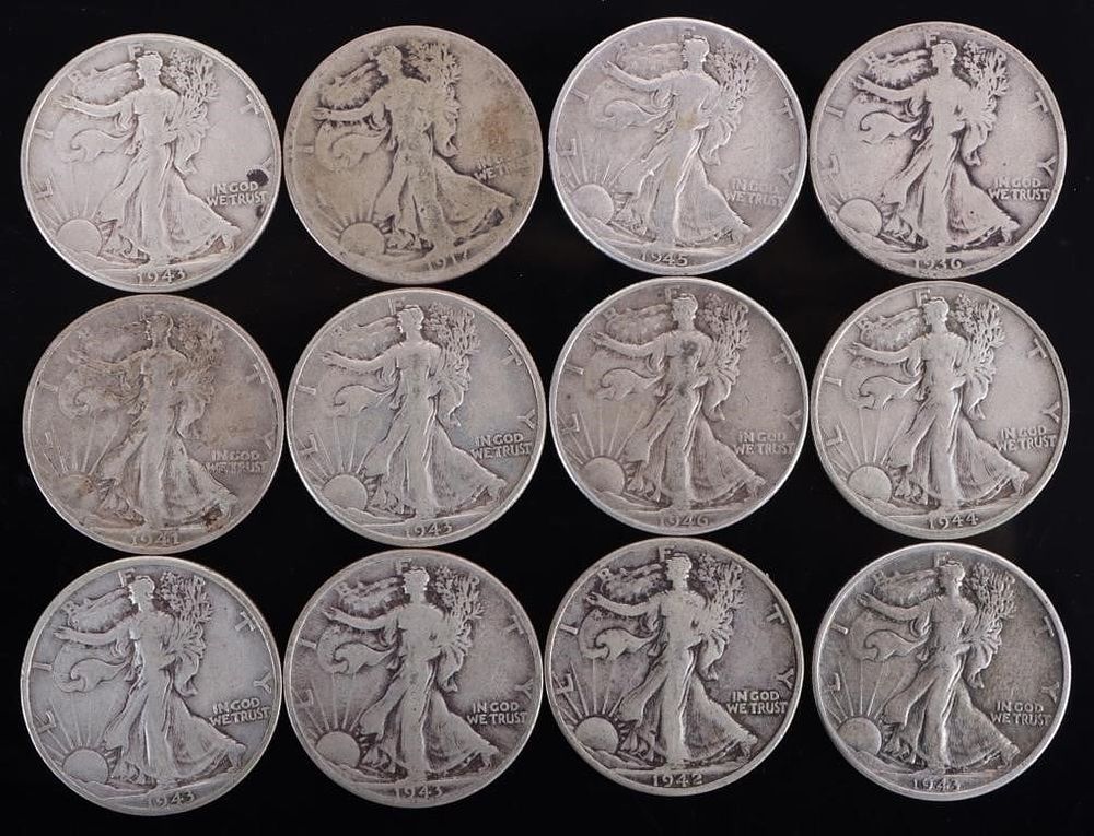 Lot 233338: ASSORTED 90% SILVER WALKING LIBERTY HALVES - (12)