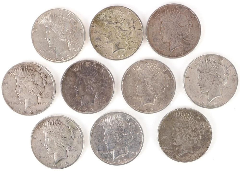 Lot 233339: 90% SILVER LIBERTY PEACE DOLLARS - (10)