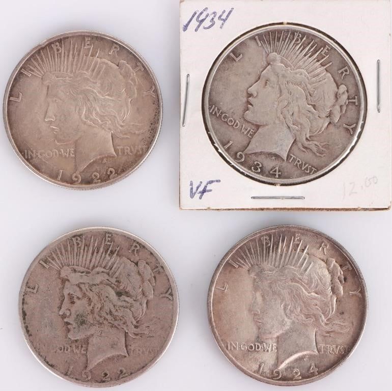 Lot 233340: 90% SILVER ASSORTED LIBERTY PEACE DOLLARS - (4)